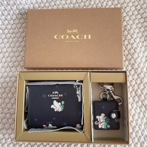 NWT COACH Snap Wallet & Picture Frame Bag Charm Snowman Print Midnight Gift Box